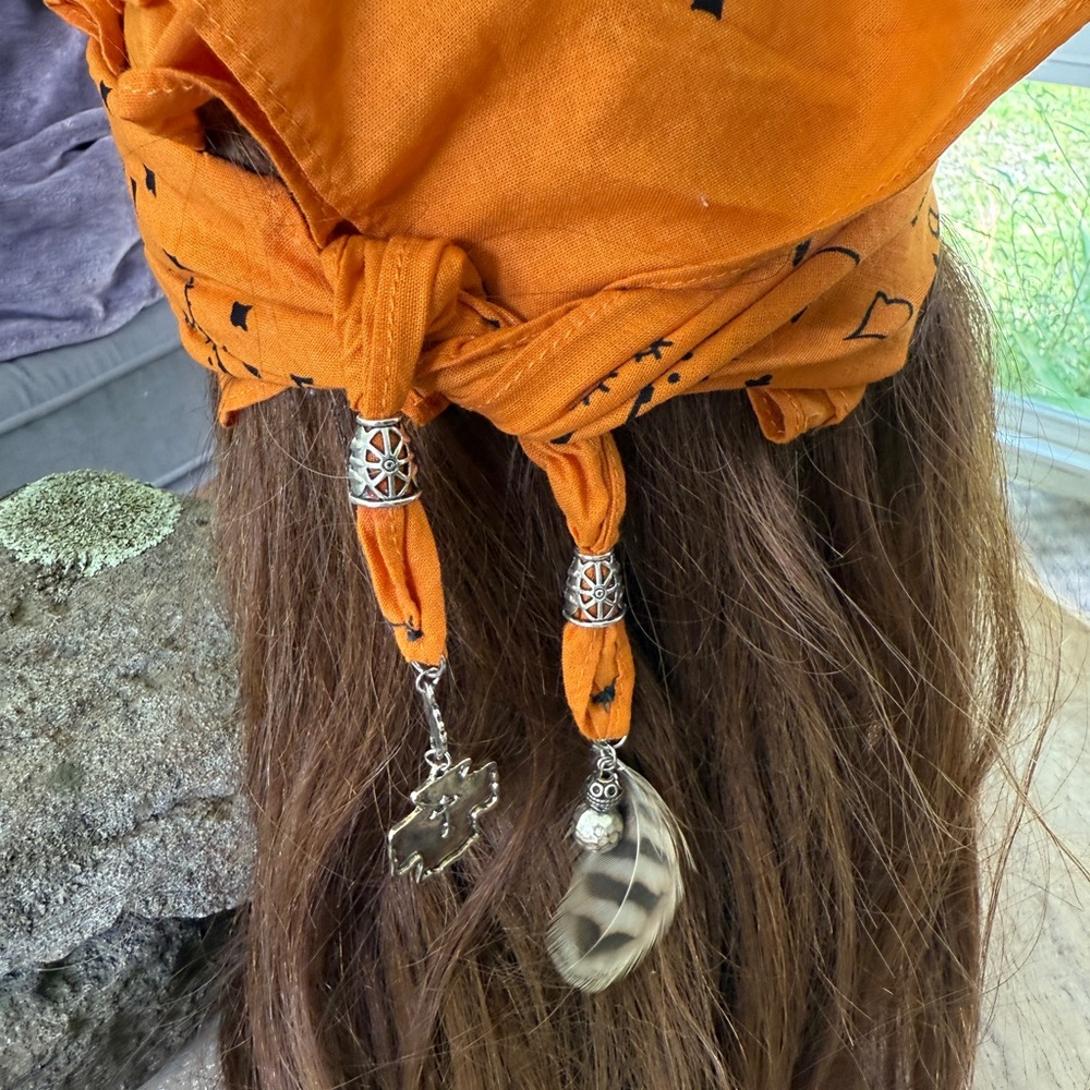 Orange Bandana with Feather and cross Charm